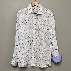 Bertigo Men’s Linen Long Sleeve Button Up Shirt W/ Blue Fish Print Size Medium